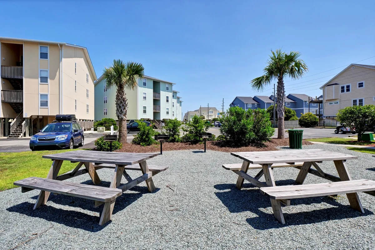 A casual and inviting outdoor area with picnic tables set among palm trees and landscaped greenery, ideal for social gatherings or group meals under the open sky.